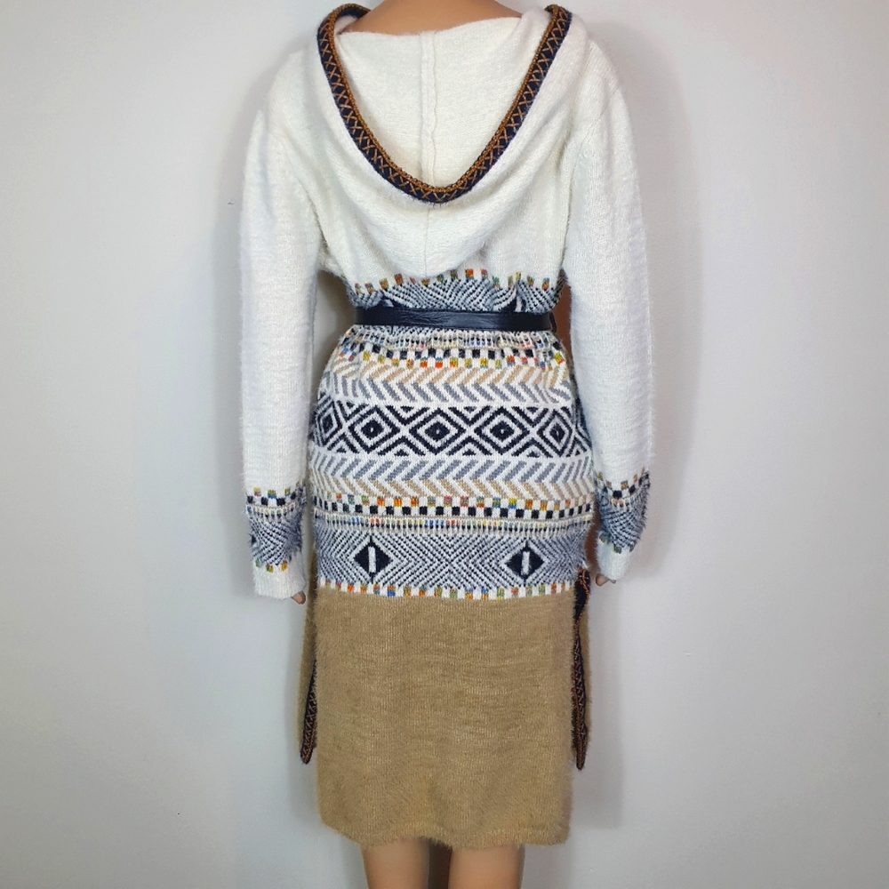 NWOT  longline Cardigan stripe knit  white brown size 6/8 . w" hoodie wool blend - Picture 2 of 9